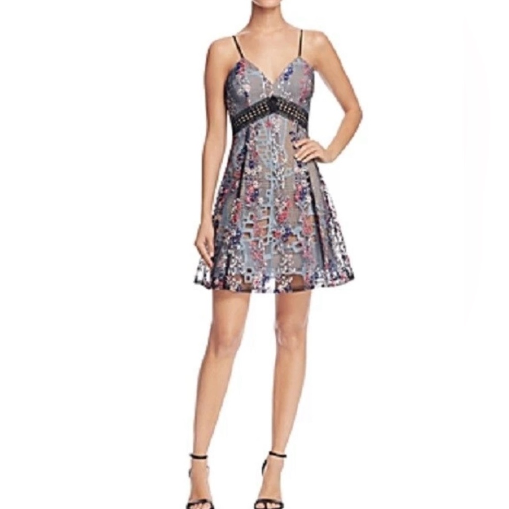 Aqua Mini Dress Embroidered Floral Crochet Spaghetti Strap SZ M  EUC